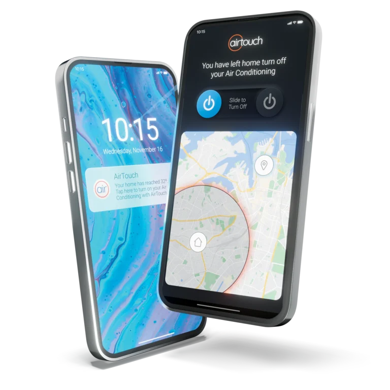 2 phones floating showing temp alerts and geofencing