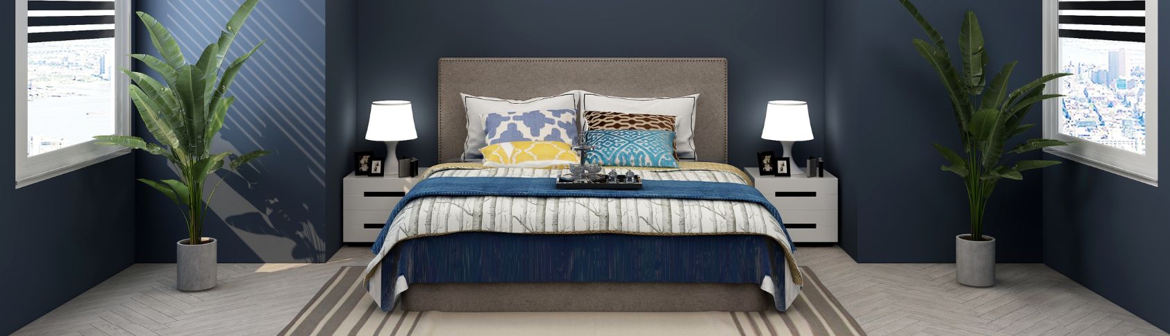 Modern bed room with queen bed and quality air conditioning